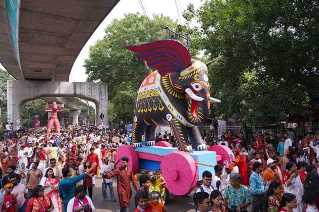 April 14, 2026, Dhaka, Dhaka, Bangladesh: Dhaka, Bangladesh, April 14, 2026. The first day of the Bengali New Year, Pohela Boishakh, was celebrated with great enthusiasm and cultural vibrancy across the country, marking a day of deep significance for Bangla language and heritage...On this occasion, the traditional Boishakhi Shobhajatra was brought out from the Faculty of Fine Arts of the University of Dhaka. Organized by the faculty, the procession reflected the rich cultural diversity of Bangladesh, with participation from various ethnic and linguistic communities...People from all walks of life, regardless of religion or background, were seen joining the colorful procession, highlighting the inclusive spirit of the celebration. The Shobha - ZUMAk185 20260414_zip_k185_039 Copyright: xRubelxKarmakerx