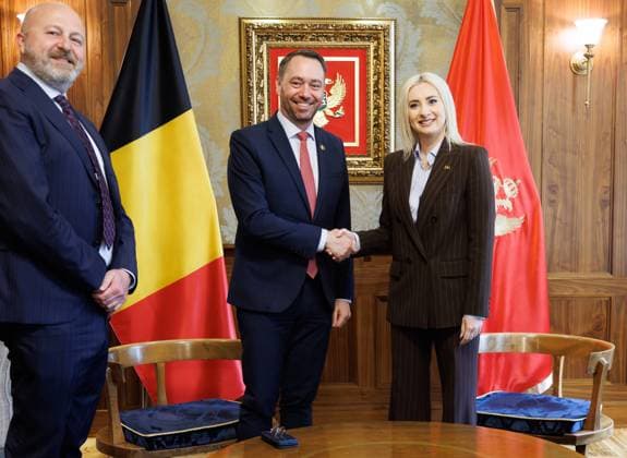 Belgian ambassador to Montenegro Frederik Develter, Vice-prime minister and Minister of Foreign Affairs Maxime Prevot and Montenegro European Affairs Minister Maida Gorcevic pictured during a meeting at the Villa Gorica, on the second day of a mission in Balkans, in Podgorica, Montenegro, on Tuesday 14 April 2026. From April 13 to 18, Belgian Foriegn Minister Prevot will visit several countries in Balkans region, starting with Montenegro  BENOITxDOPPAGNE 170724298