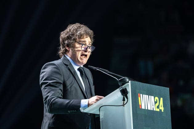 May 19, 2024, Madrid, Madrid, SPAIN: Argentine President and libertarian conservative leader Javier Milei, from La Libertad Avanza, during the VIVA event in Madrid, where several global conservative leaders gathered to align the discourse and ideology of the new conservatism. Madrid SPAIN - ZUMAc270 20240519_zip_c270_020 Copyright: xDavidxCruzxSanzx