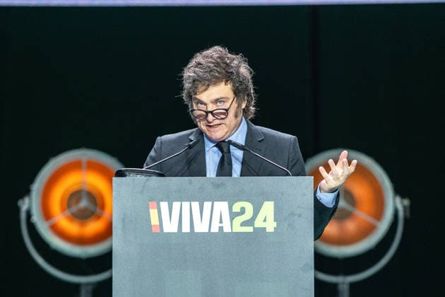May 19, 2024, Madrid, Madrid, SPAIN: Argentine President and libertarian conservative leader Javier Milei, from La Libertad Avanza, during the VIVA event in Madrid, where several global conservative leaders gathered to align the discourse and ideology of the new conservatism. Madrid SPAIN - ZUMAc270 20240519_zip_c270_021 Copyright: xDavidxCruzxSanzx