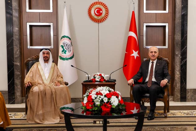 Numan Kurtulmus - Mohamed Ahmed Alyammahi meeting in Istanbul??????? ISTANBUL, TURKIYE - APRIL 14: (----EDITORIAL USE ONLY MANDATORY CREDIT - TURKISH GRAND NATIONAL ASSEMBLY HANDOUT - NO MARKETING NO ADVERTISING CAMPAIGNS - DISTRIBUTED AS A SERVICE TO CLIENTS----) Speaker of the Turkish Grand National Assembly (TBMM) Numan Kurtulmus (R) meets with President of the Arab Parliament Mohamed Ahmed Alyammahi (L) who is in Istanbul for the 152nd Inter-Parliamentary Union (IPU) General Assembly, in Istanbul, Turkiye on April 14, 2026. Turkish Grand National Assembly Handout Anadolu Istanbul Turkey. Editorial use only. Please get in touch for any other usage.  Copyright: x2026xAnadoluxTurkishxGrandxNationalxAssemblyx xHandoutx