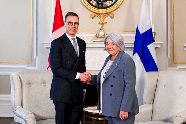 April 14, 2026, Ottawa, On, Canada: President of Finland Alexander Stubb, left, and Gov. Gen. Mary Simon shake hands as they meet at Rideau Hall during an official visit in Ottawa on Tuesday, April 14, 2026. Ottawa Canada  - ZUMAc35_ 20260414_zaf_c35_027 Copyright: xSpencerxColbyx