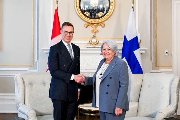 April 14, 2026, Ottawa, On, Canada: President of Finland Alexander Stubb, left, and Gov. Gen. Mary Simon shake hands as they meet at Rideau Hall during an official visit in Ottawa, on Tuesday, April 14, 2026. Ottawa Canada  - ZUMAc35_ 20260414_zaf_c35_043 Copyright: xSpencerxColbyx