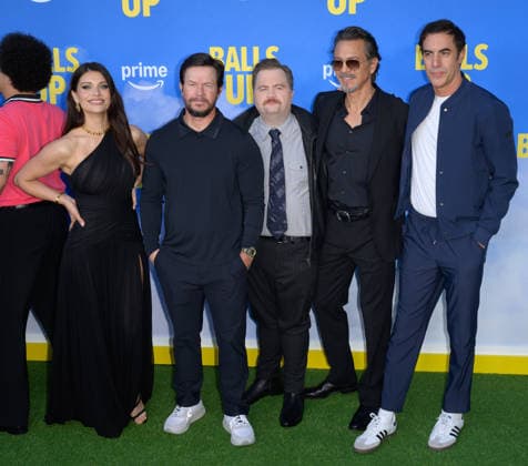 Balls Up Premiere - Los Angeles, USA LOS ANGELES, USA. April 14, 2026: Eva De Dominici, Mark Wahlberg, Paul Walter Hauser, Benjamin Bratt & Sacha Baron Cohen at the premiere for Balls Up at the Harmony Gold Theatre. Los Angeles CA USA  Copyright: xPaulxSmith Featureflashx