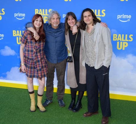 Balls Up Premiere - Los Angeles, USA LOS ANGELES, USA. April 14, 2026: Apple Farrelly, Peter Farrelly, Melinda Kocsis & Jesse Farrelly at the premiere for Balls Up at the Harmony Gold Theatre. Los Angeles CA USA  Copyright: xPaulxSmith Featureflashx