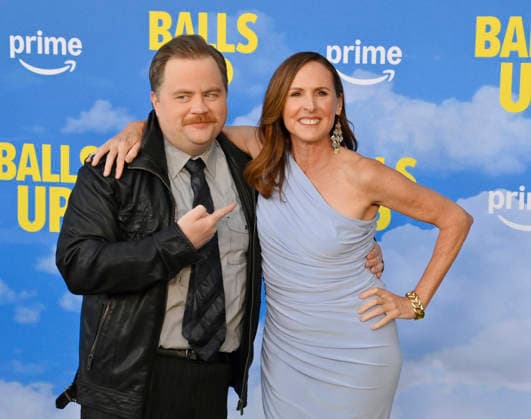 Cast members Paul Walter Hauser (L) and Molly Shannon attend the premiere of the motion picture sports comedy Balls Up at the Harmony Gold Theater in Los Angeles on Tuesday, April 14, 2026. Storyline: Two marketers pitch a bold new condom World Cup sponsorship. After a booze-fueled scandal, they must outrun chaos to survive.  LAP2026041429 JIMxRUYMEN