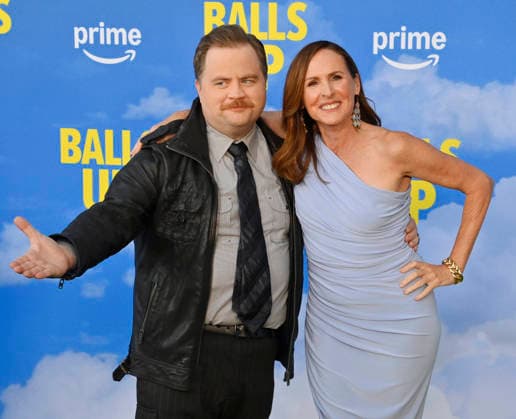 Cast members Paul Walter Hauser (L) and Molly Shannon attend the premiere of the motion picture sports comedy Balls Up at the Harmony Gold Theater in Los Angeles on Tuesday, April 14, 2026. Storyline: Two marketers pitch a bold new condom World Cup sponsorship. After a booze-fueled scandal, they must outrun chaos to survive.  LAP2026041430 JIMxRUYMEN