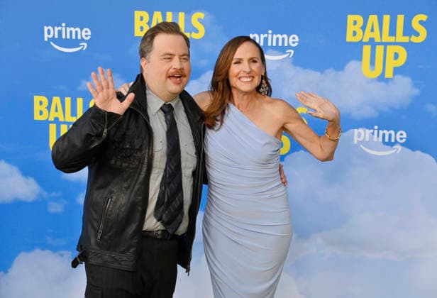 Cast members Paul Walter Hauser (L) and Molly Shannon attend the premiere of the motion picture sports comedy Balls Up at the Harmony Gold Theater in Los Angeles on Tuesday, April 14, 2026. Storyline: Two marketers pitch a bold new condom World Cup sponsorship. After a booze-fueled scandal, they must outrun chaos to survive.  LAP2026041433 JIMxRUYMEN