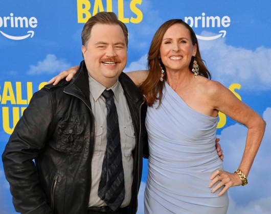 Cast members Paul Walter Hauser (L) and Molly Shannon attend the premiere of the motion picture sports comedy Balls Up at the Harmony Gold Theater in Los Angeles on Tuesday, April 14, 2026. Storyline: Two marketers pitch a bold new condom World Cup sponsorship. After a booze-fueled scandal, they must outrun chaos to survive.  LAP2026041434 JIMxRUYMEN