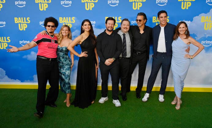 Cast members Eric Andre, Chelsey Crisp, Eva De Dominici, Mark Wahlberg, Paul Walter Hauser, Benjamin Bratt, Sasha Baron Cohen and Molly Shannon (L-R) attend the premiere of the motion picture sports comedy Balls Up at the Harmony Gold Theater in Los Angeles on Tuesday, April 14, 2026. Storyline: Two marketers pitch a bold new condom World Cup sponsorship. After a booze-fueled scandal, they must outrun chaos to survive.  LAP2026041441 JIMxRUYMEN