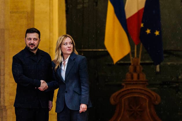 April 15, 2026, Rome, Italia, Italy: The Prime Minister meets the President of Ukraine. Pictured are Prime Minister Giorgia Meloni and President of Ukraine Volodymyr Zelensky. Rome, April 15th 2026 Rome Italy  - ZUMAa289 20260415_zia_a289_063 Copyright: xFrancescoxFotiax