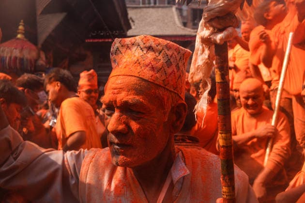 Nepalese celebrate Sindur Jatra festival in Thimi - 15 Apr 2026 A devotee takes part during the Sindur Jatra, a traditional festival marking the arrival of spring and the Nepali New Year as part of Bisket Jatra celebrations. Thimi Nepal Copyright: xSunilxPradhanx xSOPAxImagesx DSC09453