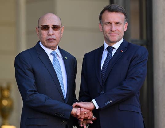 Emmanuel Macron - Mohamed Ould Ghazouani meeting in Paris PARIS, FRANCE - APRIL 15: French President Emmanuel Macron (R) and Mauritanian President Mohamed Ould Ghazouani (L) pose for a photo ahead of their meeting at the Elysee Presidential Palace in Paris, France on April 15, 2026. Mustafa Yalcin Anadolu Paris France. Editorial use only. Please get in touch for any other usage.  Copyright: x2026xAnadoluxMustafaxYalcinx