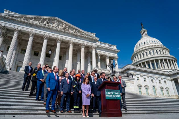 Speaker of the House Mike Johnson, R-LA, speaks during a press conference on Tax Day and the Working Families Tax Cut outside the U.S. Capitol in Washington, DC on Wednesday, April 15. 2026.  WAP20260415316 BONNIExCASH