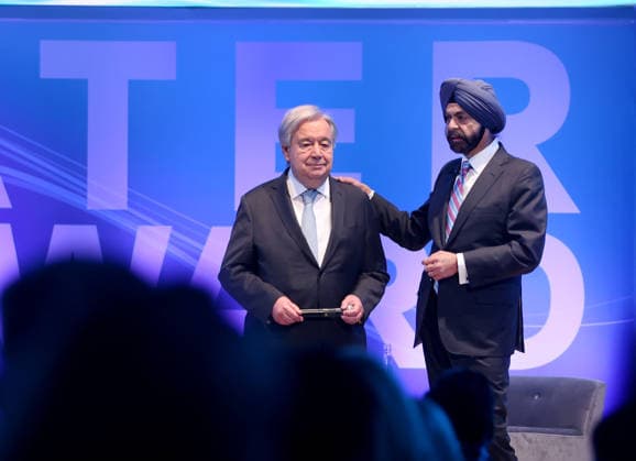 April 15, 2026, Washington Dc, Virginia, USA: UN Secretary-General Antonio Guterres (L) and the President of the World Bank Group Ajay Banga (R) attend the Water Forward - Driving Jobs and Prosperity event during the 2026 IMF and World Bank Group Spring Meetings in Washington, DC, USA, on April 15, 2026. Washington Dc USA - ZUMAs337 20260415_znp_s337_043 Copyright: xGentxShkullakux