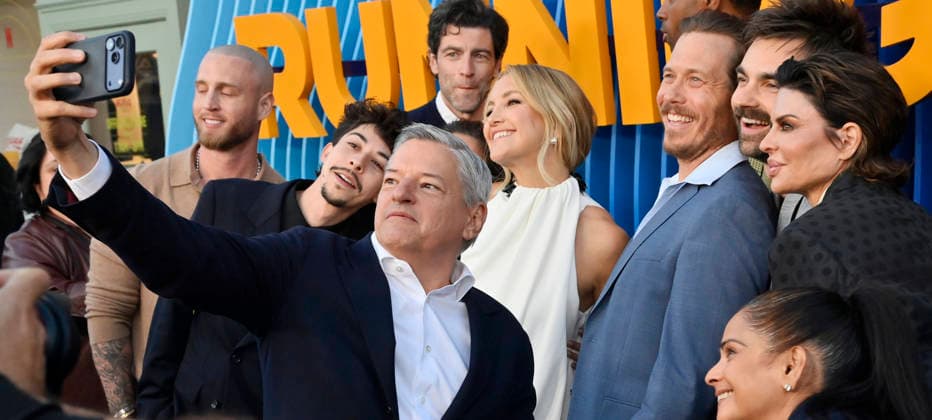 Ted Sarandos takes a selfie off cast members during the premiere of Netflix s Season 2 TV series sport comedy Running Point at the Egyptian Theatre in the Hollywood section of Los Angeles on Wednesday, April 15, 2026. Storyline: Isla Gordon, overlooked her whole life, is appointed President of the LA Waves basketball team, a family business, when her brother enters rehab. She aims to prove she is the right choice despite skepticism.  LAP2026041511 JIMxRUYMEN
