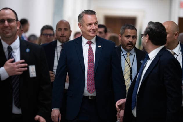 DHS Budget 4 16 26 UNITED STATES - APRIL 16: Todd Lyons, center, acting director of the U.S. Immigration and Customs Enforcement, ICE, and Joseph Edlow, right, director of the U.S. Citizenship and Immigration Services, arrive for the House Appropriations Homeland Security Subcommittee hearing titled Budget Hearing - Department of Homeland Security: CBP, ICE, and U.S. Citizenship and Immigration Services, in Rayburn building on Thursday, April 16, 2026. (Tom Williams CQ Roll Call) Washington DC United States EDITORIAL USE ONLY Copyright: x2026xCQ-RollxCall,xInc.x TomxWilliamsx rollcallpix170339
