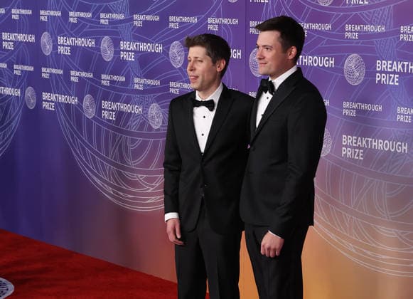Breakthrough Prize Ceremony Red Carpet 2026 SANTA MONICA, CA - APRIL 18: OpenAI CEO Sam Altman (left) and Oliver Mulherin (right) attend the 12th Annual Breakthrough Prize Awards and Ceremony at Barker Hangar in Santa Monica of Los Angeles, California, United States on April 18, 2026. Tayfun Coskun Anadolu California United States. Editorial use only. Please get in touch for any other usage.  Copyright: x2026xAnadoluxTayfunxCoskunx