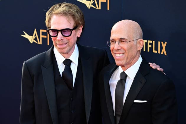 Jerry Bruckheimer, left, and Jeffrey Katzenberg attend the 51st American Film Institute (AFI) Life Achievement Award ceremony at The Dolby Theatre in the Hollywood section of Los Angeles on Saturday, April 18, 2026. Hollywood legends gathered Saturday at the gala tribute to Eddie Murphy in celebration of his five-decade career.  LAP2026041823 JOHNxMCCOY