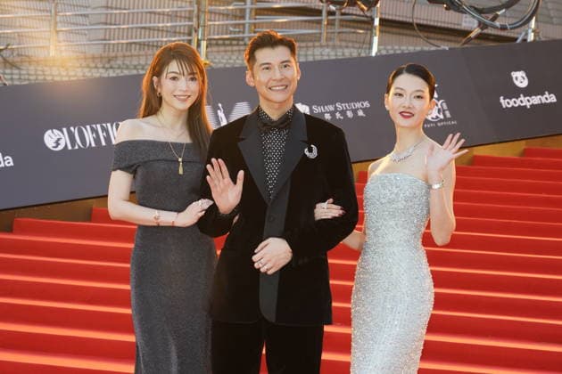 HONG KONG, CHINA - APRIL 19: Actor Carlos Chan Ka-lok (L2), his wife actress Shiga Lin Sze-nga (L1), actress Fish Liew Chi Yu arrive at the red carpet for the 44th Hong Kong Film Awards on April 19, 2026 in Hong Kong, China.  Copyright: xVCGx 111635861896