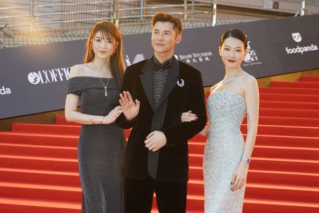 HONG KONG, CHINA - APRIL 19: Actor Carlos Chan Ka-lok (L2), his wife actress Shiga Lin Sze-nga (L1), actress Fish Liew Chi Yu arrive at the red carpet for the 44th Hong Kong Film Awards on April 19, 2026 in Hong Kong, China.  Copyright: xVCGx 111635861894