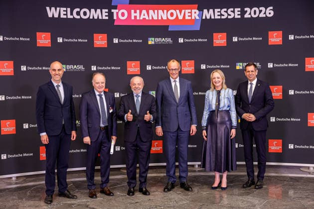 Opening of Hannover Messe 2026 Partner Country Brazil Group photo f l n r , ¢ Belit Onay, Lord Mayor of the City of Hannover, Gunther Kegel, President of ZVEI e V Luiz Inacio Lula da Silva, President of the Federative Republic of Brazil Federal Chancellor Friedrich Merz Julie Sweet, Ch
