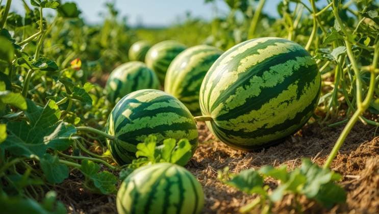 Grüne Wassermelonen auf dem Feld, Nahaufnahme des Fotos. Sommer Green watermelons in the field, closeup of photo. (License=RF) Copyright: xZoonar.com HalinaxKarpisonavax 24861690