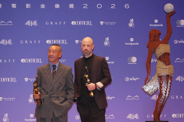 HONG KONG, CHINA - APRIL 19: Japanese musician and composer Ryuichi Sakamoto, UK based musician, film-composer Nate Connelly pose with trophies at backstage during the 44th Hong Kong Film Awards on April 19, 2026 in Hong Kong, China.  Copyright: xVCGx 111635891446