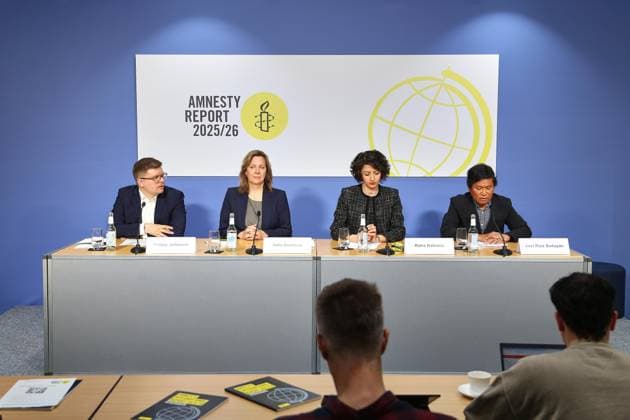 Berlin, Deutschland, 20.04.2026: Haus der Bundespressekonferenz: Vorstellung Amnesty Report 2025: L-R: Philipp Jedamzik, Julia Duchrow, Raha Bahreini, Joel Ruiz Butuyan *** Berlin, Germany, 20 04 2026 House of the Federal Press Conference Presentation Amnesty Report 2025 L R Philipp Jedamzik, Julia Duchrow, Raha Bahreini, Joel Ruiz Butuyan Copyright: xdtsxNachrichtenagenturx dts_115940