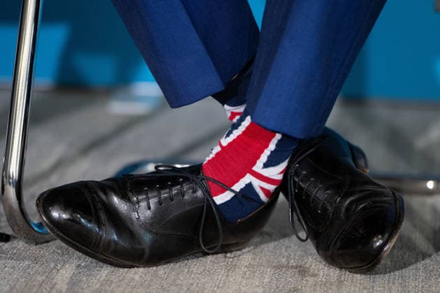 Reform UK Press Conference In Westminster LONDON, UNITED KINGDOM - APRIL 20: Nigel Farage, leader of Reform UK, wearing Union Jack-themed socks, answers questions from the media during a press conference in Westminster, focused on the party s immigration and border policy proposals in London, United Kingdom on April 20, 2026. Thomas Krych Anadolu London United Kingdom. Editorial use only. Please get in touch for any other usage.  Copyright: x2026xAnadoluxThomasxKrychx
