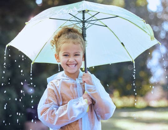This is the best kind of weather. a little girl playfully standing in the rain holding her umbrella (License=RF) ,model released, Symbolfoto  Copyright: xZoonar.com YurixArcursxpeopleimages.comx 18908176 ,model released, Symbolfoto ,property released