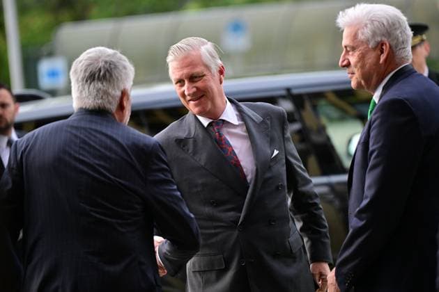 King Philippe - Filip of Belgium and UCB General Manager Didier Malherbe pictured at a royal visit at the Red Matins Hotel in Tubize, Tuesday 21 April 2026. Belgian king is on a two-day interregional business visit to Flanders and Wallonia, organized with the Flemish and Walloon business networks VOKA and AKT, with 40 business leaders from both regions.  DIRKxWAEM 171521556
