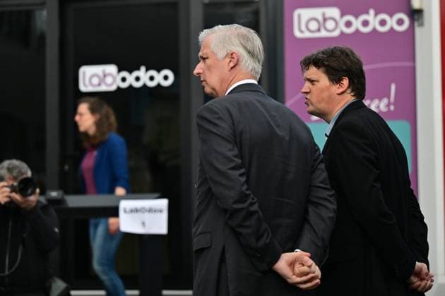 King Philippe - Filip of Belgium and Odoo CEO Fabien Pinckaers pictured at a royal visit at ODOO company in Louvain-la-Neuve around ICT, AI and formation, Tuesday 21 April 2026. Belgian king is on a two-day interregional business visit to Flanders and Wallonia, organized with the Flemish and Walloon business networks VOKA and AKT, with 40 business leaders from both regions.  DIRKxWAEM 171529842