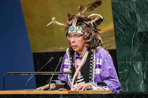 April 20, 2026, New York, New York, USA: TADODAHO SID HILL, Chief of the Onondaga Nation, speaks during the United Nations Permanent Forum on Indigenous Issues entitled -Ensuring Indigenous Health-. In its 25th year, the forum opened in the General Assembly Hall, bringing together Indigenous representatives from around the world to address the continued presence and participation of Indigenous peoples at negotiating tables. New York USA - ZUMAo116 20260420_znp_o116_011 Copyright: xBiancaxOterox