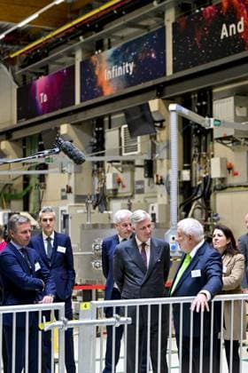 King Philippe - Filip of Belgium and Yves Jongen, Founder IBA pictured during a royal visit at ODOO company in Louvain-la-Neuve around ICT, AI and formation, Tuesday 21 April 2026. Belgian king is on a two-day interregional business visit to Flanders and Wallonia, organized with the Flemish and Walloon business networks VOKA and AKT, with 40 business leaders from both regions.  DIRKxWAEM 171540643