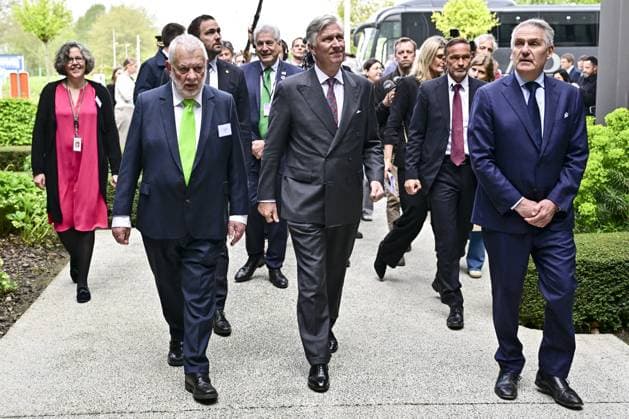 King Philippe - Filip of Belgium and CEO Olivier Legrain pictured during a royal visit at IBA company in Louvain-la-Neuve around R&D and collaboration between universities and companies, Tuesday 21 April 2026. Belgian king is on a two-day interregional business visit to Flanders and Wallonia, organized with the Flemish and Walloon business networks VOKA and AKT, with 40 business leaders from both regions.  DIRKxWAEM 171541399