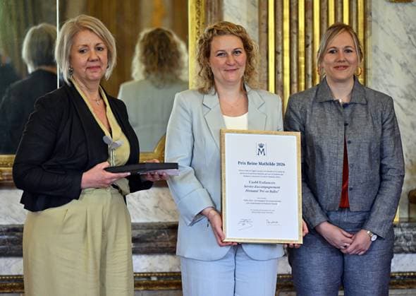 Members of ASBL Enfances pose for the photographer at the Queen Mathilde Fund (FRM - KMF) Award ceremony, on Tuesday 21 April 2026, at the Royal Palace in Brussels. Every year, the Queen Mathilde Fund supports inspiring initiatives aimed at helping vulnerable children and young people build their lives and look toward the future.  ERICxLALMAND 171542135