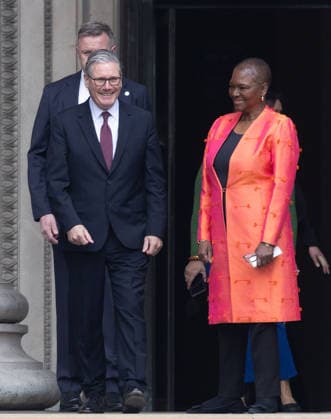 April 21, 2026, London, England, United Kingdom: Prime Minister Sir KEIR STARMER and Baroness VALERIE AMOS depart the British Museum in London after viewing the final design for the Queen Elizabeth II Memorial. London United Kingdom  - ZUMAs262 20260421_zip_s262_002 Copyright: xTayfunxSalcix