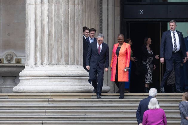 April 21, 2026, London, England, United Kingdom: Prime Minister Sir KEIR STARMER and Baroness VALERIE AMOS depart the British Museum in London after viewing the final design for the Queen Elizabeth II Memorial. London United Kingdom  - ZUMAs262 20260421_zip_s262_004 Copyright: xTayfunxSalcix