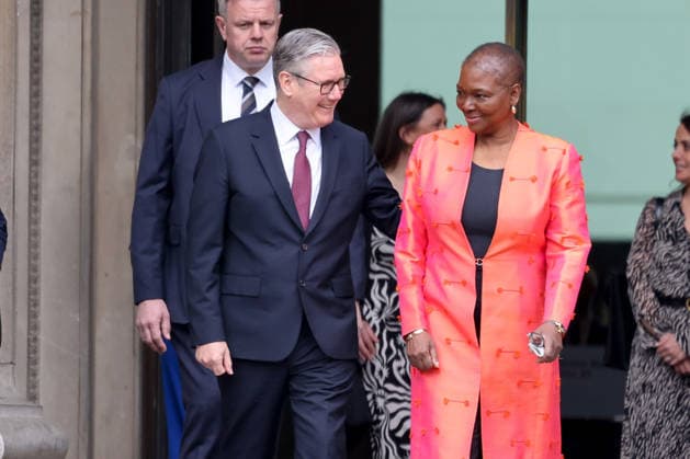 April 21, 2026, London, London, UK: London, UK. Prime Minister, Keir Starmer (L) and Baroness Valerie Amos LG CH PC (R) depart the British Museum in London after viewing design recommendations, the final design and other elements of the national memorial to the late Queen Elizabeth II, marking the 100th anniversary of her birth. London UK  - ZUMAl94_ 20260421_zaf_l94_046 Copyright: xDinendraxHariax