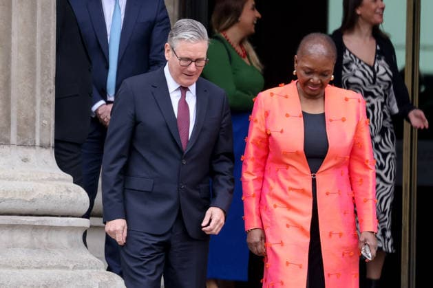 April 21, 2026, London, London, UK: London, UK. Prime Minister, Keir Starmer (L) and Baroness Valerie Amos LG CH PC (R) depart the British Museum in London after viewing design recommendations, the final design and other elements of the national memorial to the late Queen Elizabeth II, marking the 100th anniversary of her birth. London UK  - ZUMAl94_ 20260421_zaf_l94_047 Copyright: xDinendraxHariax