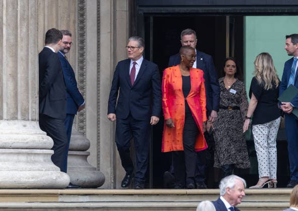 April 21, 2026, London, England, United Kingdom: Prime Minister Sir KEIR STARMER and Baroness VALERIE AMOS depart the British Museum in London after viewing the final design for the Queen Elizabeth II Memorial. London United Kingdom - ZUMAs262 20260421_zip_s262_001 Copyright: xTayfunxSalcix