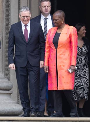 April 21, 2026, London, England, United Kingdom: Prime Minister Sir KEIR STARMER and Baroness VALERIE AMOS depart the British Museum in London after viewing the final design for the Queen Elizabeth II Memorial. London United Kingdom - ZUMAs262 20260421_zip_s262_005 Copyright: xTayfunxSalcix