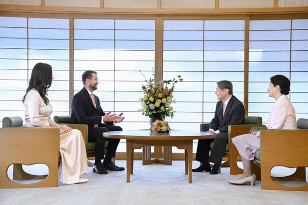 Japan emperor, empress meet with Montenegrin president Montenegrin President Jakov Milatovic (2nd from L) meets with Japanese Emperor Naruhito (2nd from R) and Empress Masako (far R) at the Imperial Palace in Tokyo on April 21, 2026. (Pool photo)  A14AA0005479618P