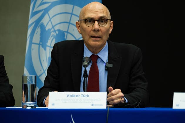 April 22, 2026, Mexico City, Mexico: United Nations High Commissioner for Human Rights Volker Turk held a closing press conference at the Cultural Center of Spain in Mexico City at the end of his visit, where he said disappearances are one of the most serious and painful challenges in the country; HUMBERTO HENDERSON, deputy representative of the UN Human Rights Office in Mexico, and MARTA HURTADO, spokesperson of the Office of the UN High Commissioner for Human Rights, were also present. Mexico City Mexico - ZUMAl178 20260422_znp_l178_001 Copyright: xCristianxLeyvax
