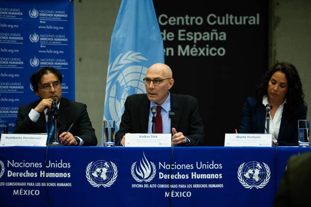 April 22, 2026, Mexico City, Mexico: United Nations High Commissioner for Human Rights Volker Turk held a closing press conference at the Cultural Center of Spain in Mexico City at the end of his visit, where he said disappearances are one of the most serious and painful challenges in the country; HUMBERTO HENDERSON, deputy representative of the UN Human Rights Office in Mexico, and MARTA HURTADO, spokesperson of the Office of the UN High Commissioner for Human Rights, were also present. Mexico City Mexico - ZUMAl178 20260422_znp_l178_005 Copyright: xCristianxLeyvax