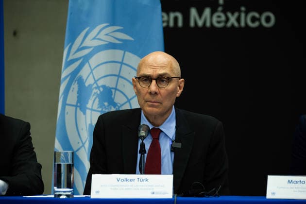 April 22, 2026, Mexico City, Mexico: United Nations High Commissioner for Human Rights Volker Turk held a closing press conference at the Cultural Center of Spain in Mexico City at the end of his visit, where he said disappearances are one of the most serious and painful challenges in the country; HUMBERTO HENDERSON, deputy representative of the UN Human Rights Office in Mexico, and MARTA HURTADO, spokesperson of the Office of the UN High Commissioner for Human Rights, were also present. Mexico City Mexico - ZUMAl178 20260422_znp_l178_009 Copyright: xCristianxLeyvax