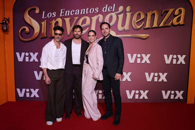 Los Encantos del Sinverguenza Red Carpet (L-R) Erick Elias, Juan Felipe Samper, Carolina Miranda and Manolo Cardona attend the red carpet for ˜Los Encantos del Sinverguenza™ tv series at Videocine. on April 22, 2026 in Mexico City, Mexico. (Photo by Yamak Perea Eyepix Group) Copyright: xYamakxPerea xEyepixxGroupx YP_22042026_181546
