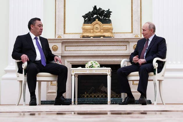 RUSSIA, MOSCOW - APRIL 23, 2026: Russia s President Vladimir Putin (R) and Kyrgyzstan s President Sadyr Japarov meet at Moscow s Kremlin. Sofya Sandurskaya TASS  91610849