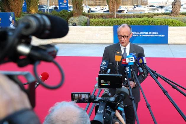 Ayia Napa, Zypern, 23.04.2026: Informeller EU-Gipfel: Der deutsche Bundeskanzler Friedrich Merz (CDU) bei einem Statement *** Ayia Napa, Cyprus, 23 04 2026 Informal EU Summit German Chancellor Friedrich Merz CDU during a statement Copyright: xPIOxRep.xofxCyprusxAndreasxLoucaides dtsxNachrichtenagenturx dts_116466